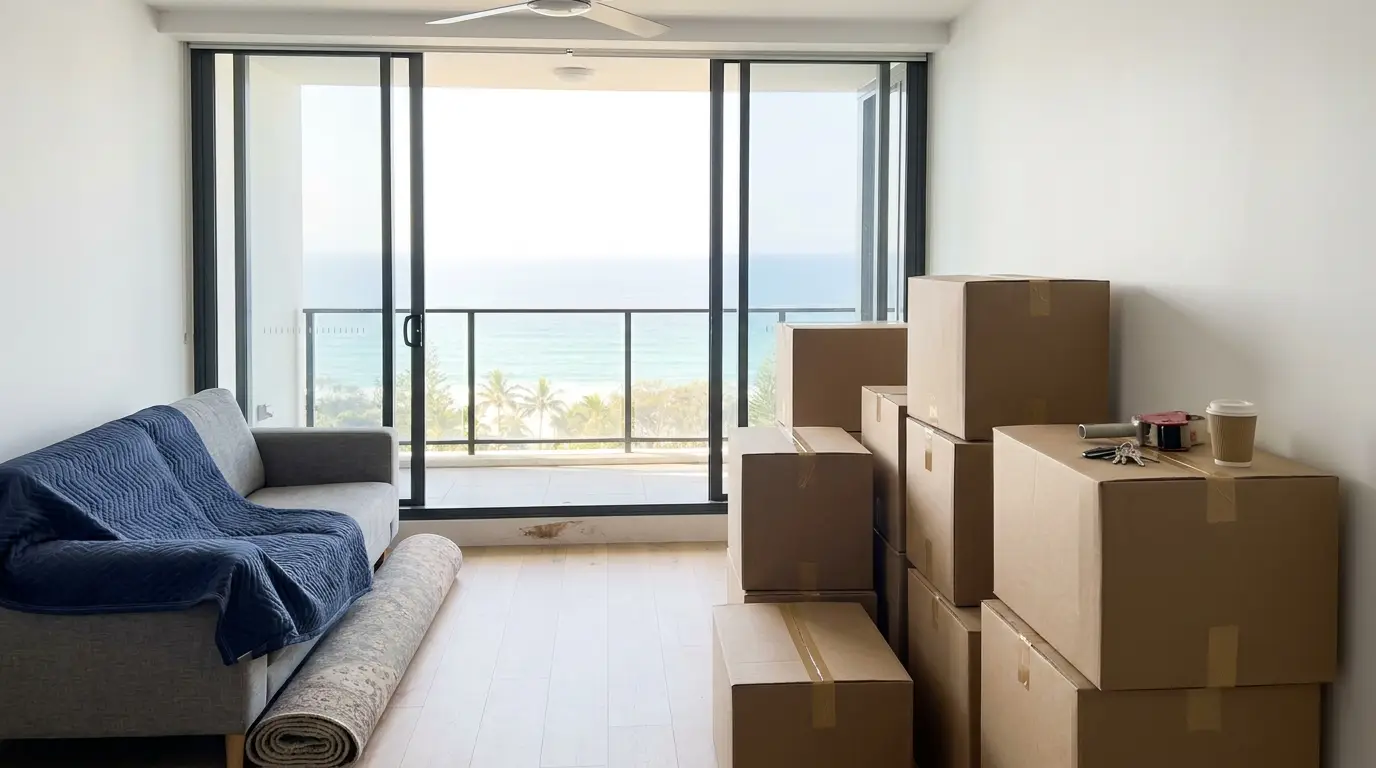 Gold Coast apartment packed for moving day, ocean view through the balcony doors